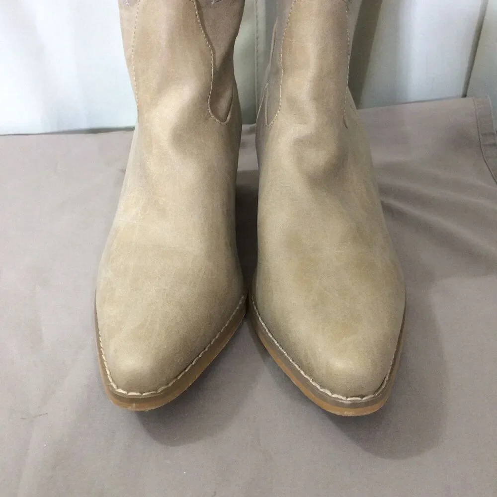 NEW Tan Cowboy Western Boots Embroidered Pointed Toe Faux Leather Size 8 - Picture 3 of 7